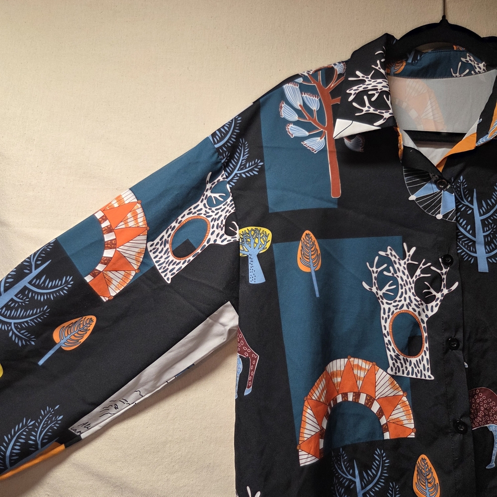 Women's Black and Blue Tree Print Blouse